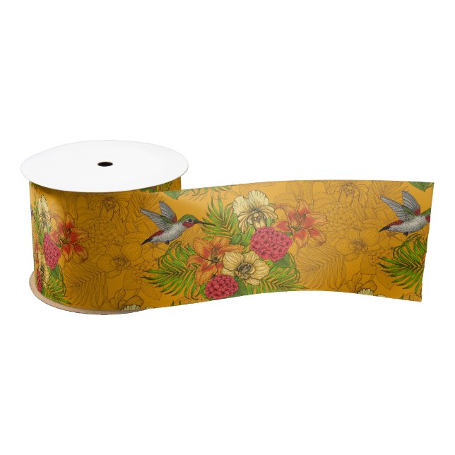 Ruban En Satin Bouquet tropical et colibris 2 (Bobine)