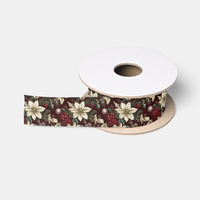 Ruban En Satin Bourgogne traditionnel Floral de Noël (Bobine)