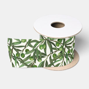 Ruban En Satin Branches d'olive sur blanc
