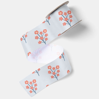 Ruban En Satin Brins de Fleur de Corail sur Motif Bleu Brumeux