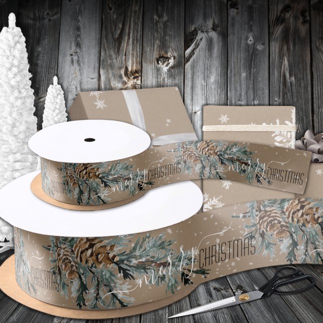 Ruban En Satin Brochure Rustique Kraft Juniper Branch Cones Joyeu (Rustic Kraft Juniper Branch Cones Merry Christmas Satin Ribbon In  1.5 and 3 inch widths )