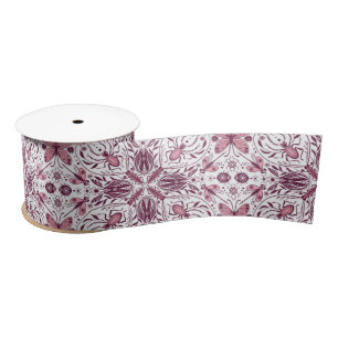 Ruban En Satin Buissons, magenta foncé et rose sur blanc