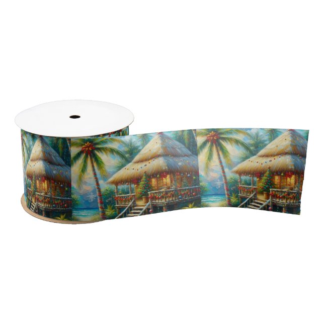 Ruban En Satin Cabane Tropicale Noël Palm Tree Beach Lumières (Bobine)