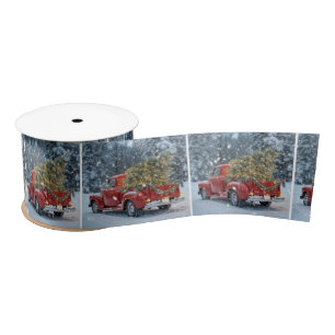 Ruban En Satin Camion Red Retro Avec Arbre De Noël Dans Les Flamm