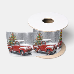 Ruban En Satin Camionnette Rétro Rouge Avec Sapin de Noël
