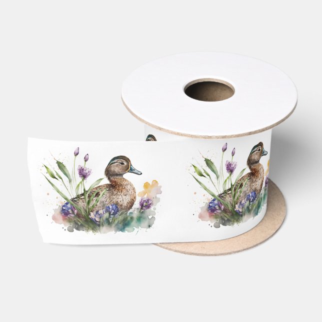 Ruban En Satin Canard D'Aquarelle En Fleurs (Bobine)