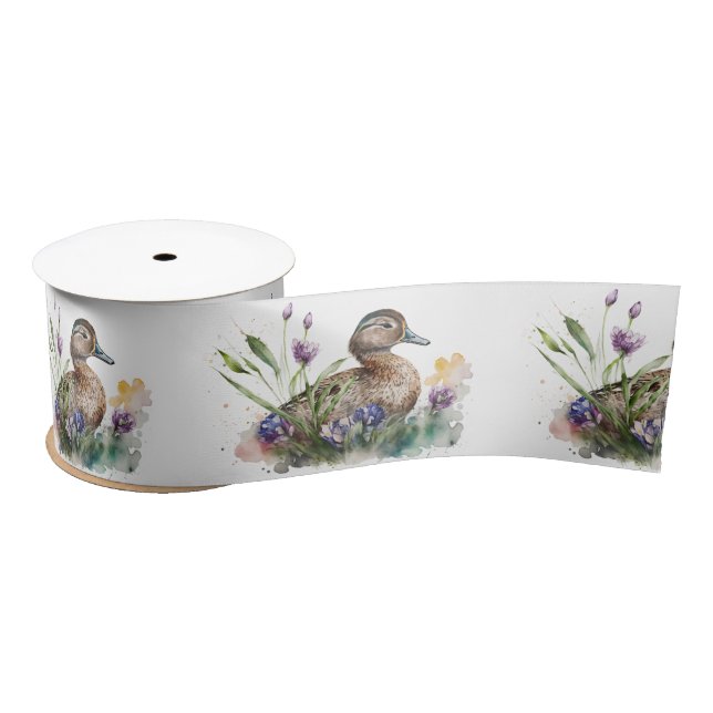 Ruban En Satin Canard D'Aquarelle En Fleurs (Bobine)