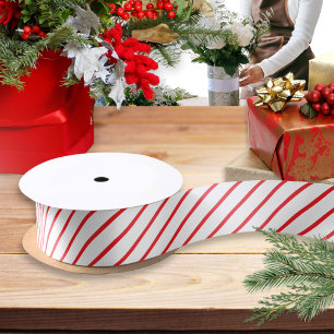 Ruban En Satin Canne de bonbon rouge et blanc à motif rayure diag