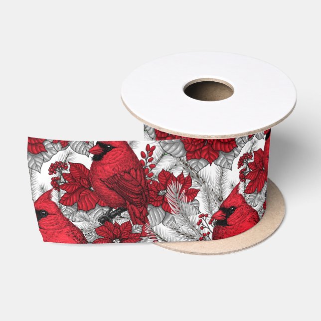 Ruban En Satin Cardinaux et poinsettia en rouge et blanc (Bobine)
