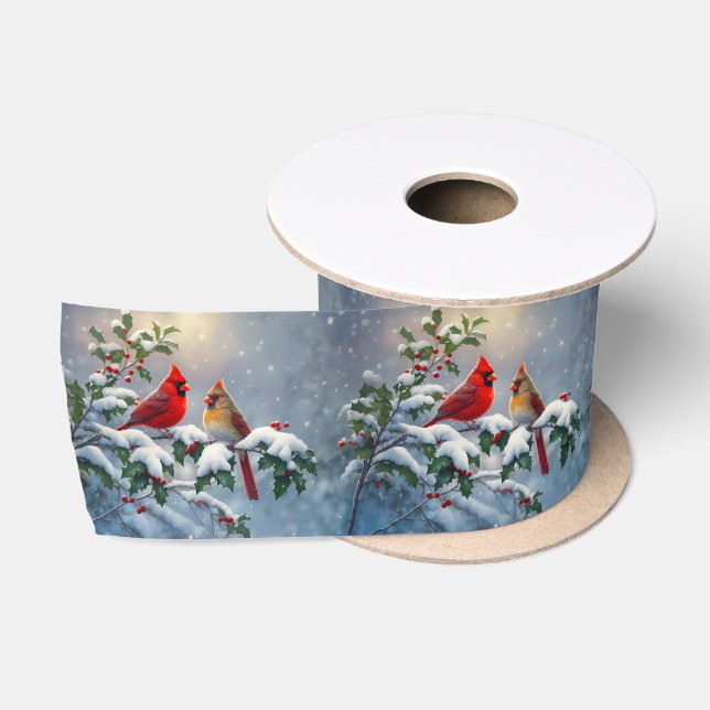 Ruban En Satin Cardinaux rouges et Holly en neige (Bobine)