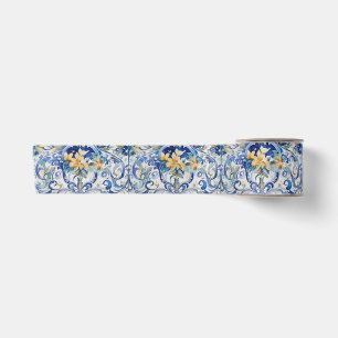 Ruban En Satin Carrelage italien Bleu et Fleurs jaunes blanches D