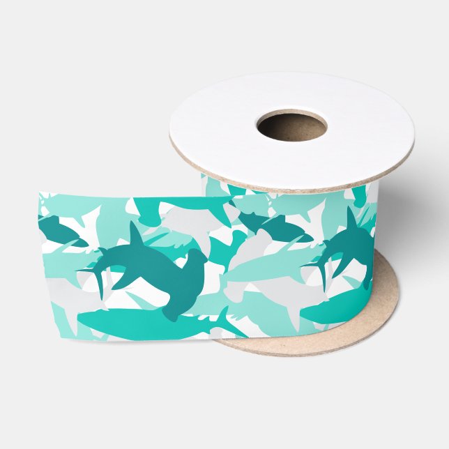 Ruban En Satin Carrequin blanc et camouflage Turquoise Motif Sati (Bobine)