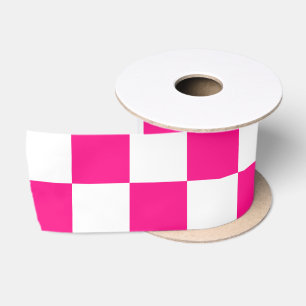Ruban En Satin Carrés à carreaux rose vif blanc géométrique rétro