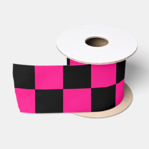Ruban En Satin Carrés à carreaux rose vif noir géométrique rétro