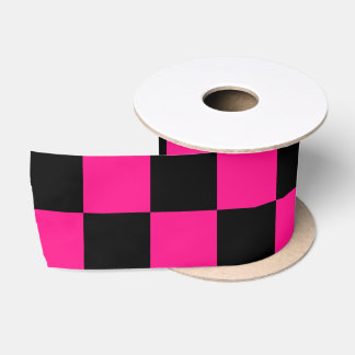 Ruban En Satin Carrés à carreaux rose vif noir géométrique rétro