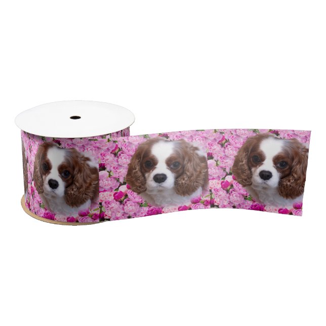 Ruban En Satin Cavalier King Charles Spaniel Peonies (Bobine)