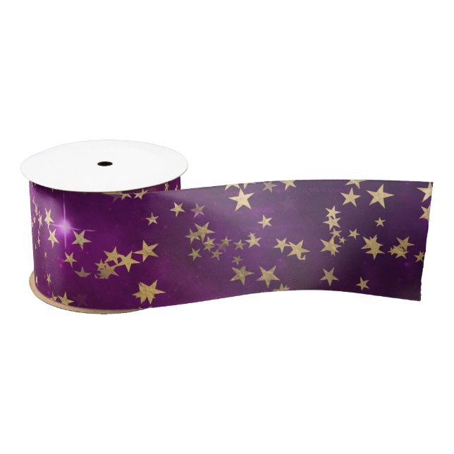 Ruban En Satin Celestial Golden Stars on Pink Galaxy Background (Bobine)