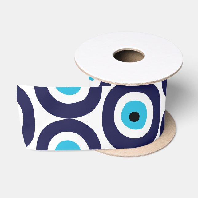 Ruban En Satin Cercles d'yeux mal Motif en Aqua White Navy Bleu (Bobine)