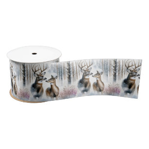 Ruban En Satin Cerf et biche dans les bois hivernaux