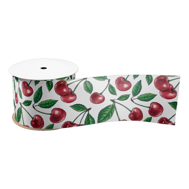 Ruban En Satin Cerises rouges sur blanc (Bobine)