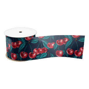 Ruban En Satin Cerises rouges sur bleu foncé