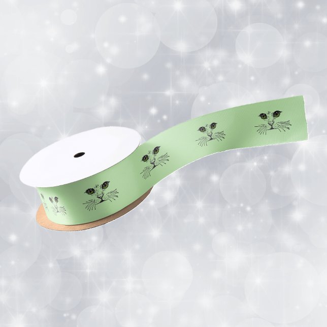 Ruban En Satin Chat Face Vert Yeux Whiskers (black illustration of the face of a cat long whiskers green eyes on roll of green gift wrap ribbon.)