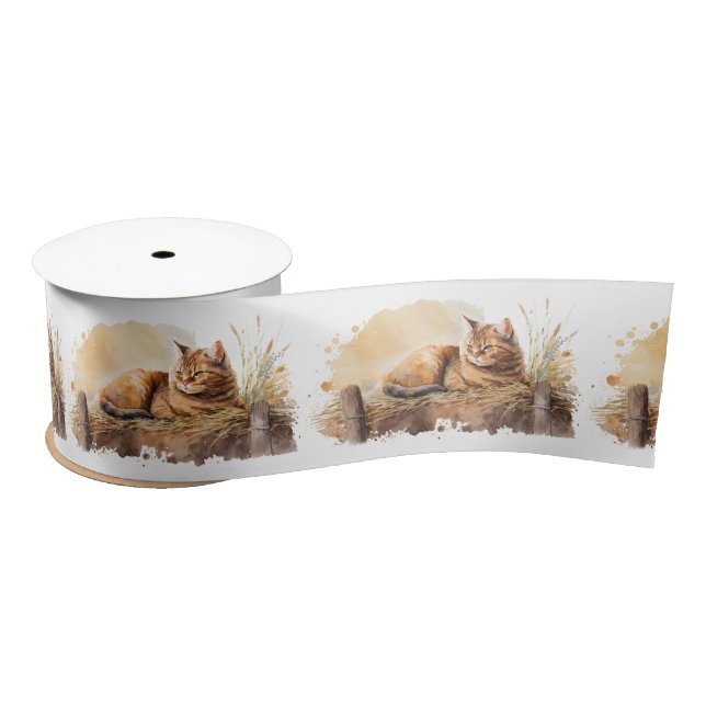 Ruban En Satin Chat Gingembre Aquarelle sur le foin (Bobine)