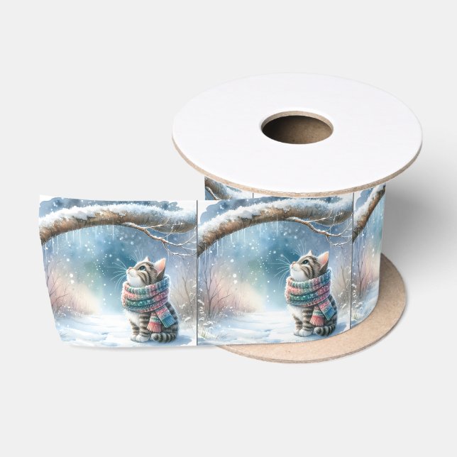 Ruban En Satin Chaton de Noël portant une écharpe d'hiver (Bobine)