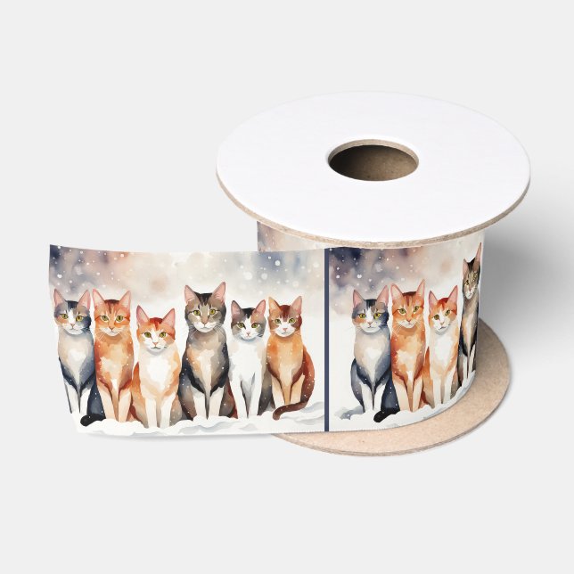 Ruban En Satin Chats Aquarelle Sur Neige (Bobine)