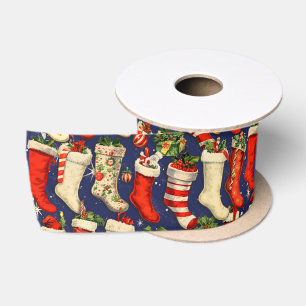Ruban En Satin Chaussettes de Noël rétro vintage bleu