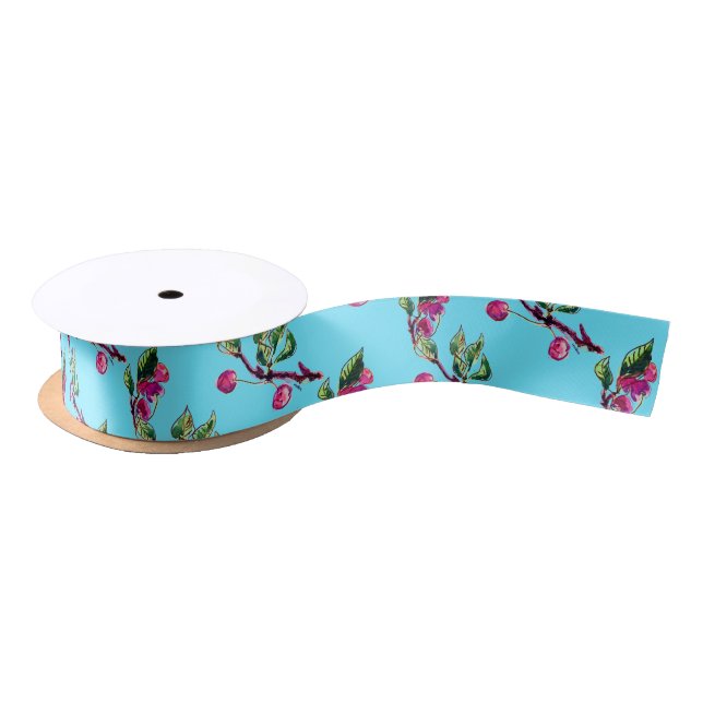 Ruban En Satin Cherry Splendor avec arrière - plan turquoise (Bobine)