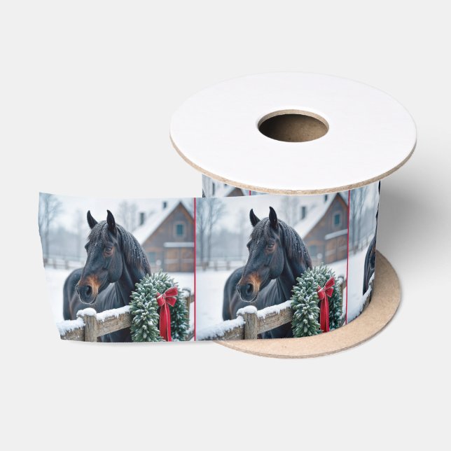 Ruban En Satin Cheval d'hiver avec couronne de Noël (Bobine)