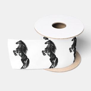 Ruban En Satin Cheval sauvage noir dressé - Dessin noir et blanc
