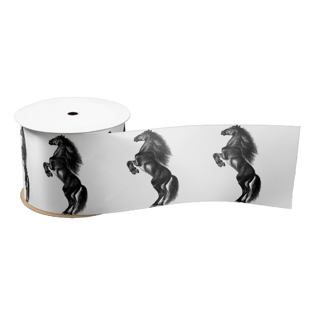 Ruban En Satin Cheval sauvage noir dressé - Dessin noir et blanc (Bobine)