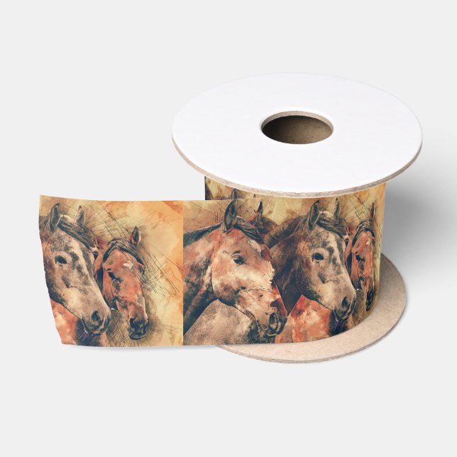 Ruban En Satin Chevaux Peinture d'aquarelle artistique (Bobine)