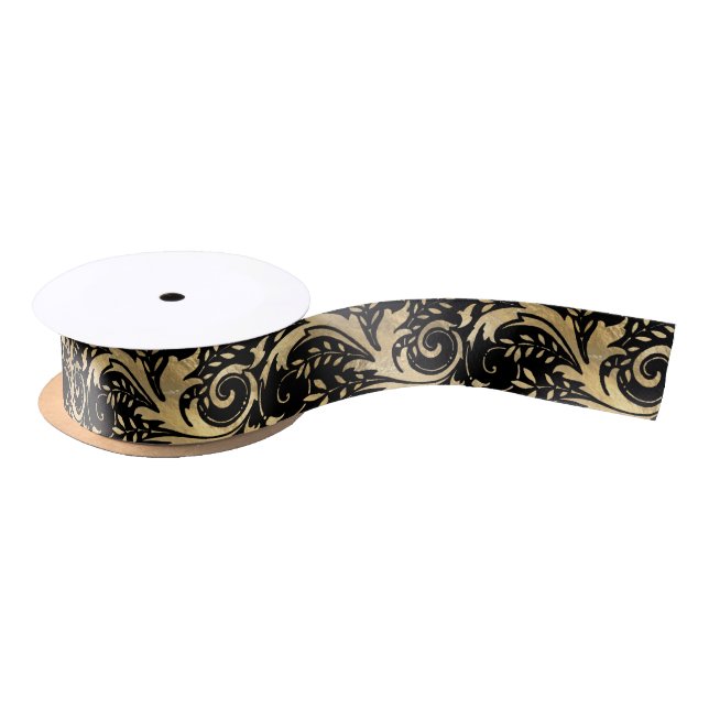 Ruban En Satin Chic Black Gold Floral Scroll Motif moderne (Bobine)