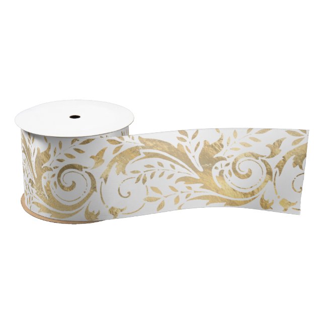 Ruban En Satin Chic blanc or floral rouleau Motif moderne (Bobine)