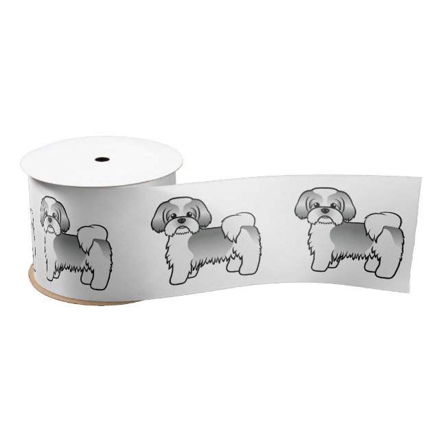Ruban En Satin Chien Caricature Tzu, Blanc Et Argent (Bobine)