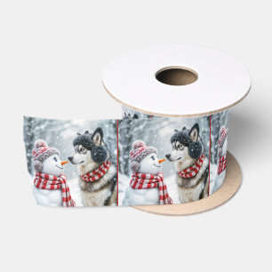 Ruban En Satin Chien Husky de Noël avec Snowman