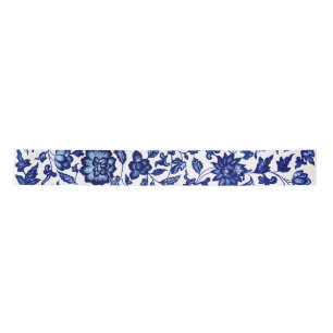 Ruban En Satin Chinois bleu marine foncé motif floral sur blanc