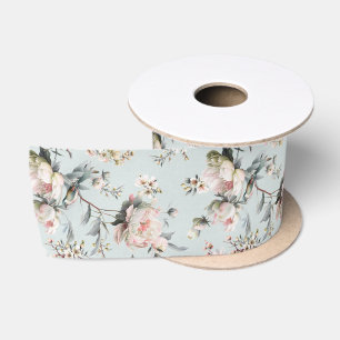 Ruban En Satin Chinoiserie Fleur et Oiseau Vert Pâle