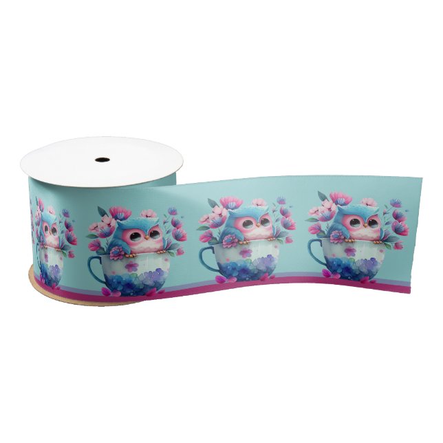 Ruban En Satin Chouette mignonne en fleurs de tasse sur arrière - (Bobine)