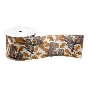 Ruban En Satin Chouettes d'automne sur coton blanc