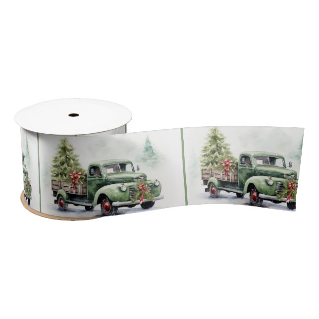 Ruban En Satin Christmas Green Retro Truck With Tree (Bobine)