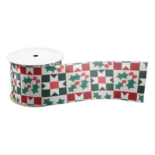 Ruban En Satin Christmas Holly Feuille Geo Quilt