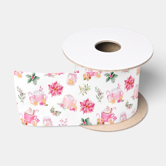 Ruban En Satin Christmas Hot Cocoa and Pink Poinsettias (Bobine)
