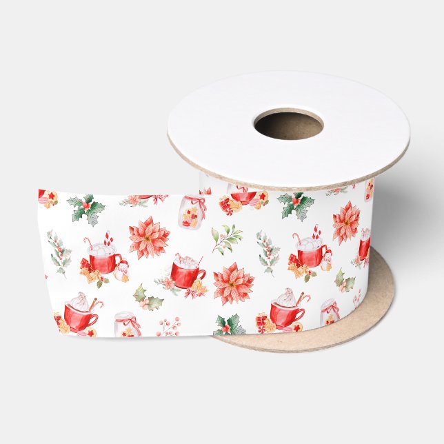 Ruban En Satin Christmas Hot Cocoa and Red Poinsettias (Bobine)