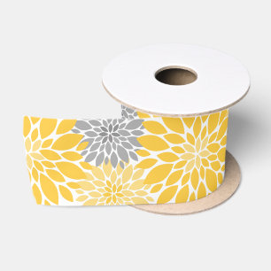 Ruban En Satin Chrysanthèmes jaunes et gris Motif floral