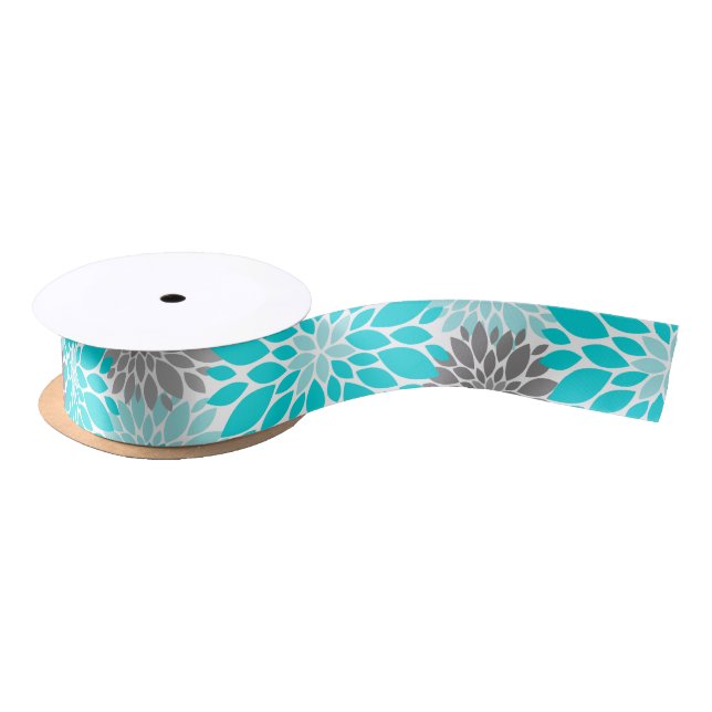 Ruban En Satin Chrysanthèmes turquoise et gris Motif floral (Bobine)
