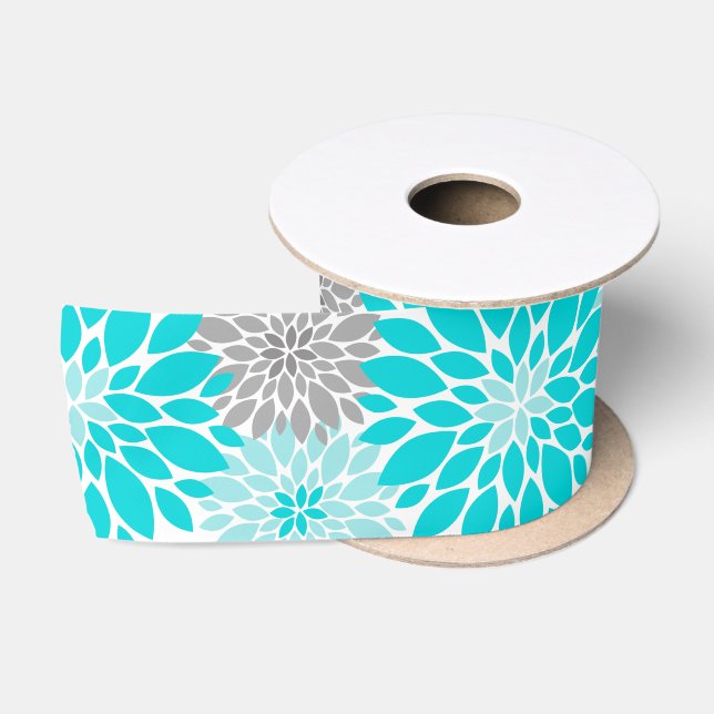 Ruban En Satin Chrysanthèmes turquoise et gris Motif floral (Bobine)